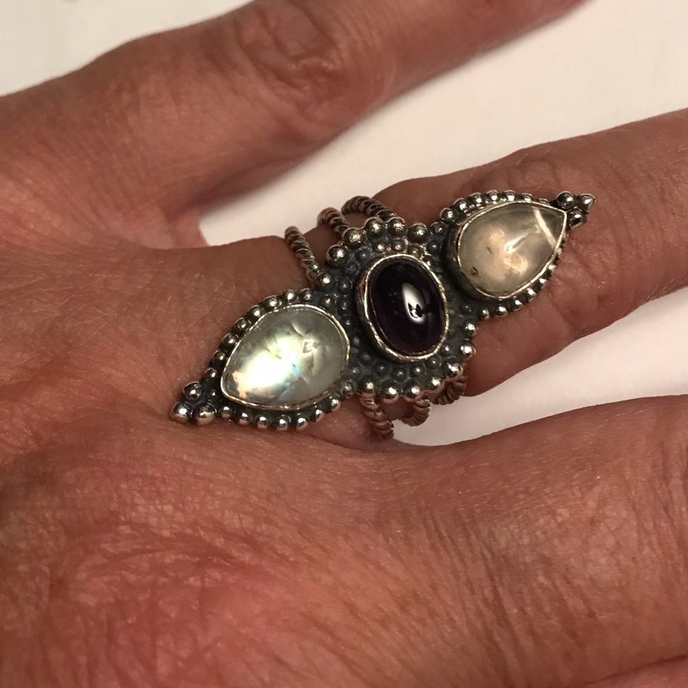 Rose Quartz Amethyst Stamped 925 Sterling Silver Ring